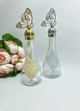 12 li Metal Kelebek Tepelikli Kilim Desenli İksir Cam Kolonya Şişesi