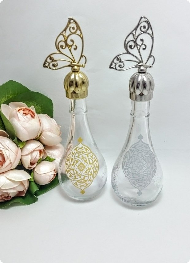 12 li Metal Kelebek Tepelikli Kilim Desenli İksir Cam Kolonya Şişesi