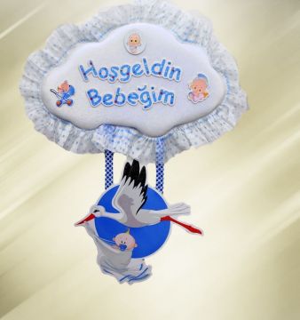 Bebek odası kapı süsü ; Bulut,Leylek,Bebek Pembe
