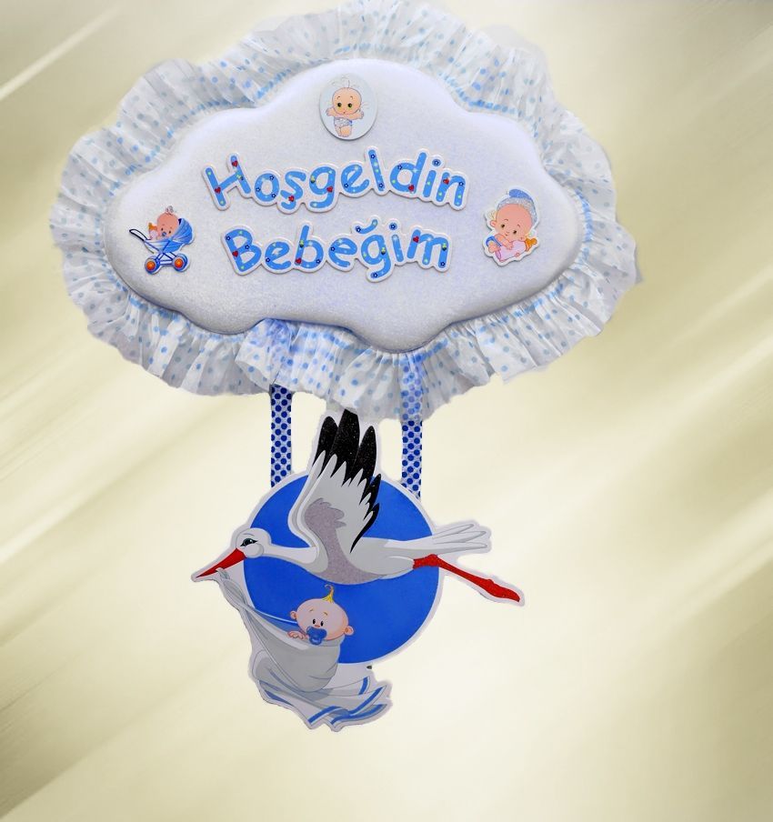 Bebek odası kapı süsü ; Bulut,Leylek,Bebek Mavi