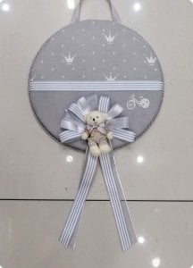 Süslü Gri Desenli Bebek takı yastığı, sepeti, kapı süsü