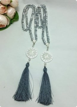 30 Lu Gümüş Kristal Cam, Yuvarlak Tuğra İmameli Tesbih 99 lu