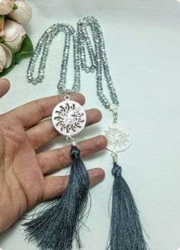 30 Lu Gümüş Kristal Cam, Yuvarlak Tuğra İmameli Tesbih 99 lu