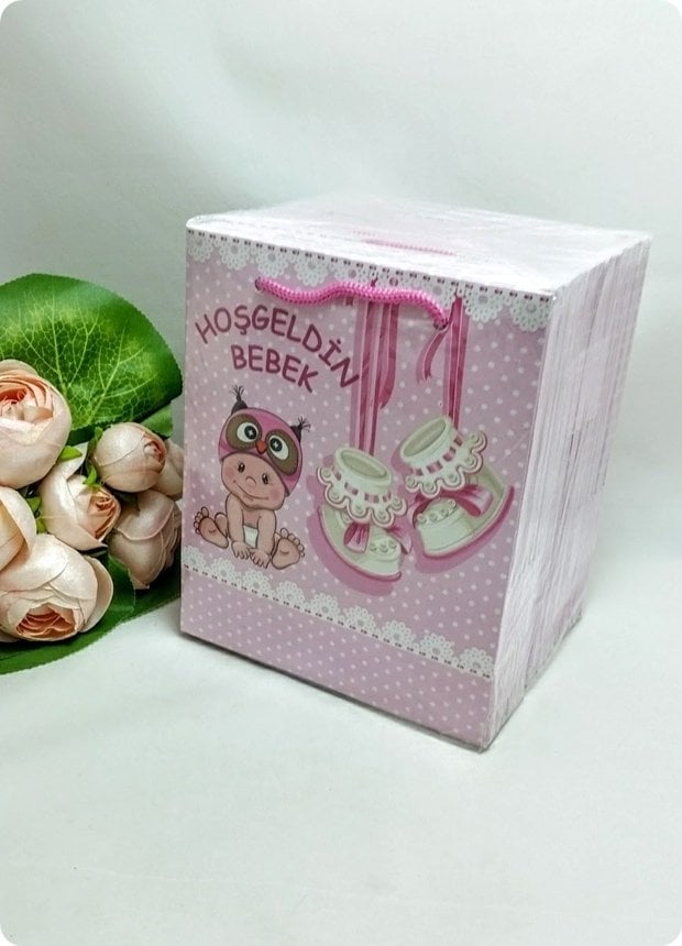 25 Li Hediyelik Bebek Patikli Karton Çanta - Poşet 14x17 Cm