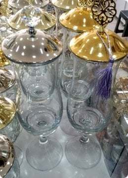 39 Cm Ayaklı, Metal+Kristal Tepelikli Konik Cam Şekerlik