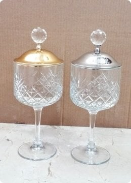 20 Cm Kristal İşlemeli Ayaklı, Metal+Kristal Tepelikli Bardak Cam Şekerlik