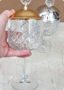 20 Cm Kristal İşlemeli Ayaklı, Metal+Kristal Tepelikli Bardak Cam Şekerlik