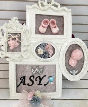 (Süslü ) Boyalı, Kumaş Kaplamalı Polyester Beşli ( 5 li ) Resim Çerceve Kapı Süsü Kapı Süsü