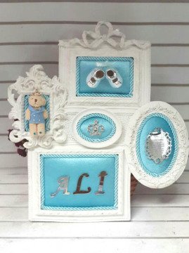 Bebek Odası ; 5 Li  Polyester Kumaş Kaplı Kapı Süsü Çerçeve(Süslü)