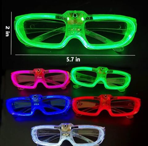LED Işıklı Glow Pilli Parti Gözlüğü - Glow Efektli 6 Adet 5 Renk