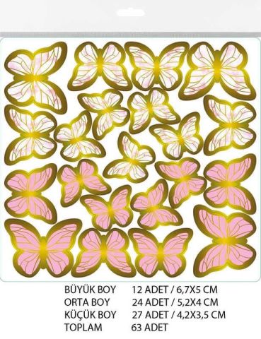 KELEBEK DEKORATİF SÜS VARAKLI PEMBE SET:63 ADET