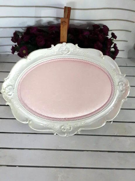 Oval Tepsi Çerçeve Polyester Pembe Kumaş Kaplı Kapı Süsü Fon