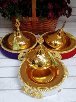 Süslü Kadife Simit Altlıklı Metal Kınalık,Lokumluk Sahan
