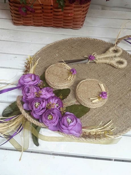 ( Süslü ) Jüt Kaplamalı Mor Ççekli Söz-Nişan Tepsisi,(Çift Yüzük Yükselteç,Makas Hediyeli) Set