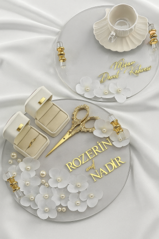 Süslü Çiçek dekorlu isme özel yuvarlak CAMİ tepsi seti