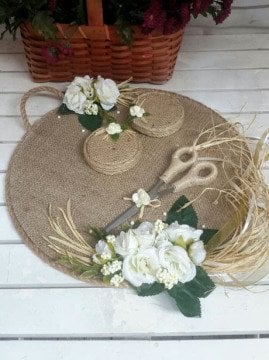 ( Süslü ) Jüt Kaplamalı Krem Söz-Nişan Tepsisi,(Çift Yüzük Yükselteç,Makas Hediyeli) Set