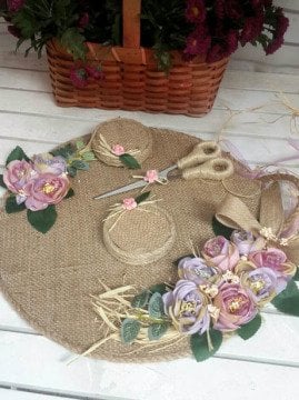 ( Süslü ) Jüt Kaplamalı Mor Söz-Nişan Tepsisi,(Çift Yüzük Yükselteç,Makas Hediyeli) Set