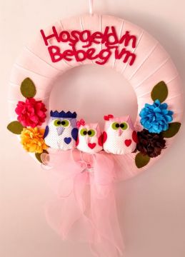 Bebek odası kapı süsü ;Baykuşlu Koton Çelenk