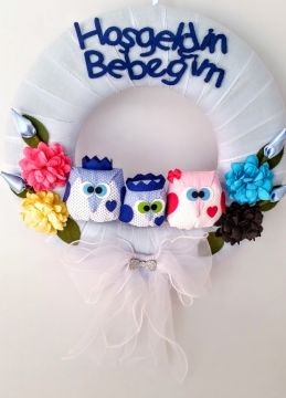 Bebek odası kapı süsü ;Baykuşlu Koton Çelenk