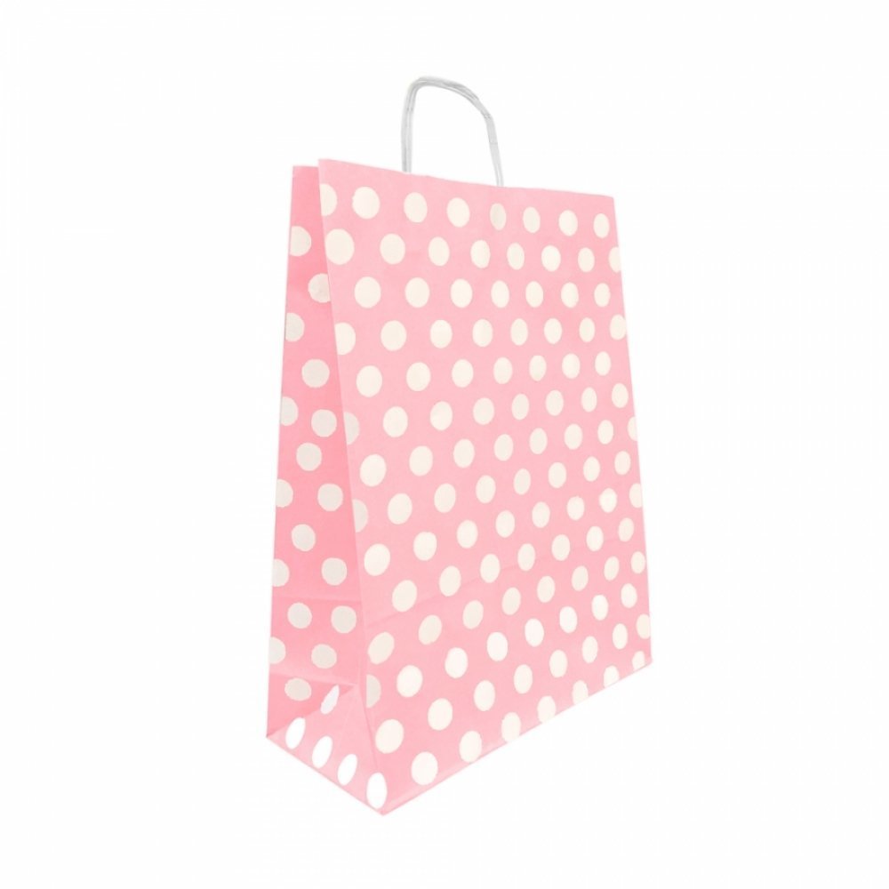 25 Li 11x16 cm Büküm Saplı Pembe puanlı Kağıt Çanta-Poşet