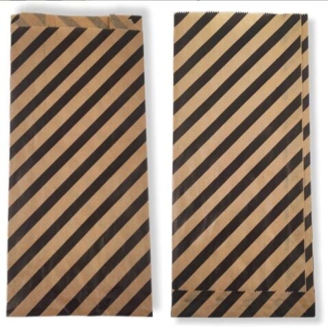 15x33 cm Siyah Çizgili Şamua Kraft Körüklü Kese Kağıdı 500gr 60 - 70 Adet
