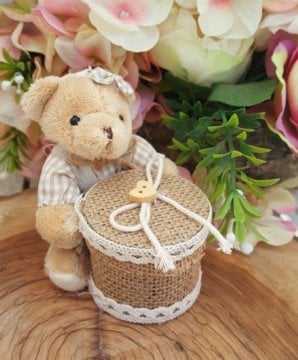 Peluş Ayıcıklı Silindir Jüt Kumaşlı Kutular