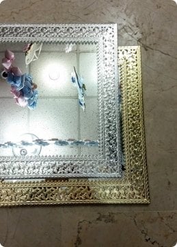 Kare Metal Desenli Aynalı Söz,Nişan Yüzük Tepsisi / Supla