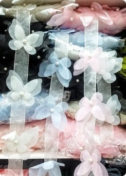 12 li Kelebek Lazer Kesim İncili Kumaş Çiçekler