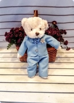 30 Cm Boyunda Peluş Erkek Ayıcık Mavi Elbiseli