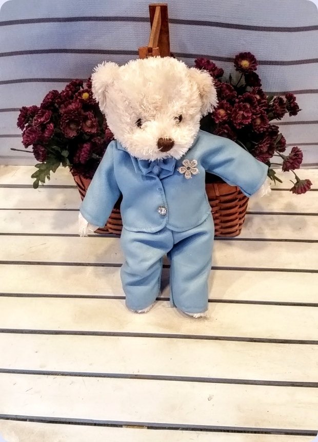 30 Cm Boyunda Peluş Erkek Ayıcık Mavi Elbiseli