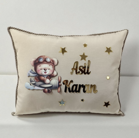 Kahverengi dekorlu Dikdörtgen ahşap ayıcıklı takı Yastığı