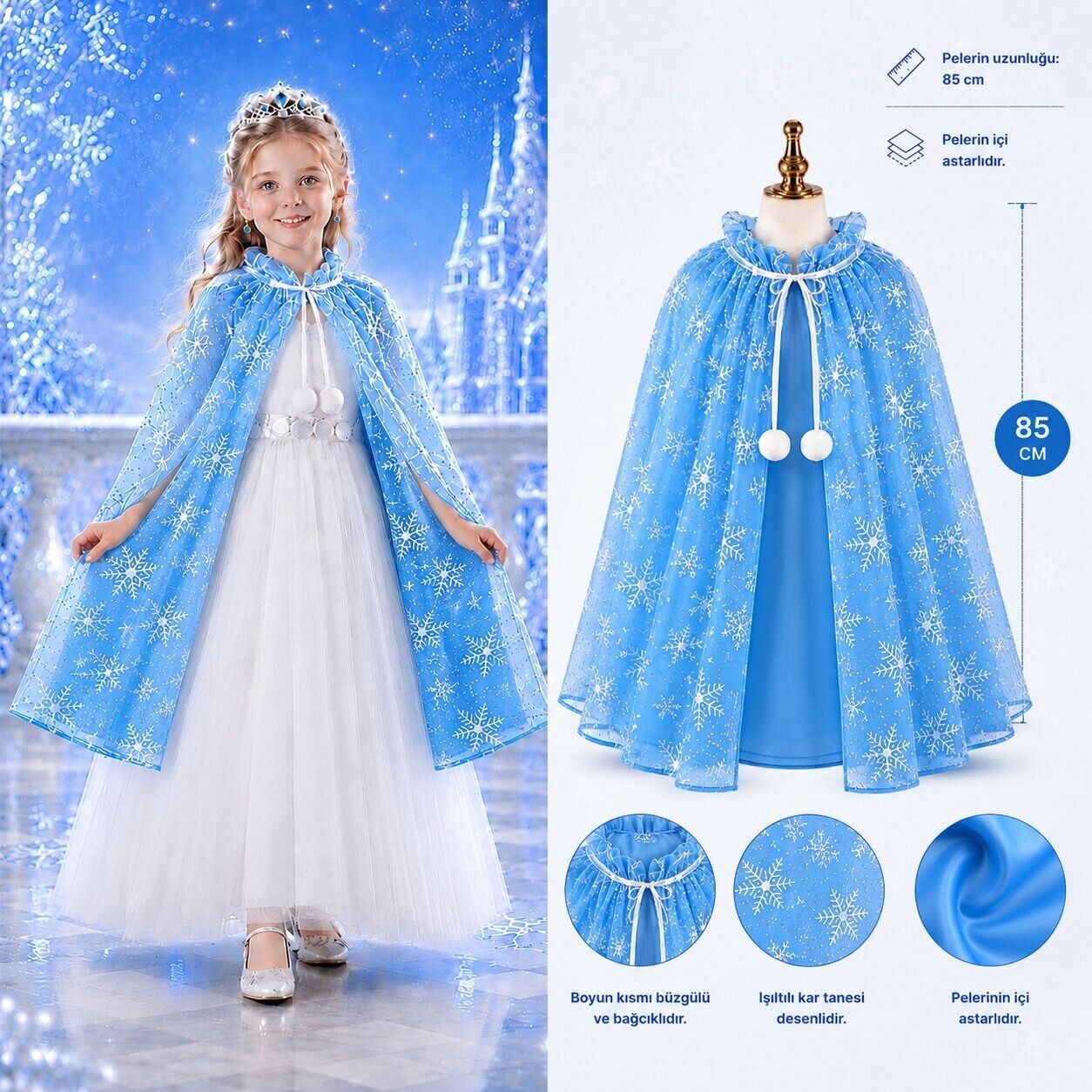 Kar Tanesi Desenli Mavi Elsa Pelerini - Astarlı Frozen Pelerini 85 cm