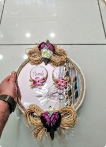 Jüt İpli Süslü Yuvarlak aynalı Söz-NişanTepsisi,(Çift Yüzük Yükselteç,Makas Hediyeli) Set