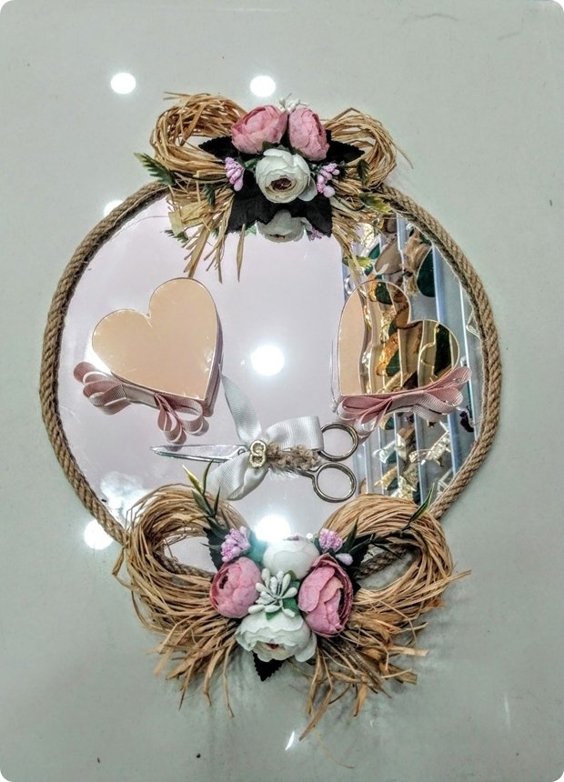 Jüt İpli Süslü Yuvarlak aynalı Söz-NişanTepsisi,(Kalp Yüzük Yükselteç,Makas Hediyeli) Set