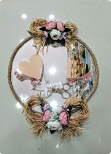 Jüt İpli Süslü Yuvarlak aynalı Söz-NişanTepsisi,(Kalp Yüzük Yükselteç,Makas Hediyeli) Set