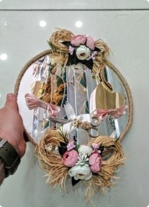 Jüt İpli Süslü Yuvarlak aynalı Söz-NişanTepsisi,(Kalp Yüzük Yükselteç,Makas Hediyeli) Set