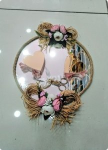 Jüt İpli Süslü Yuvarlak aynalı Söz-NişanTepsisi,(Kalp Yüzük Yükselteç,Makas Hediyeli) Set