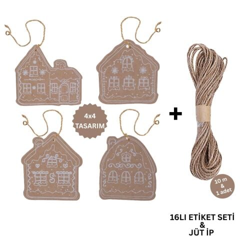 Yılbaşı, Gingerbread Ev Tasarımlı Hediye Etiket  Kraft Delikli Tebrik Kartı Seti
