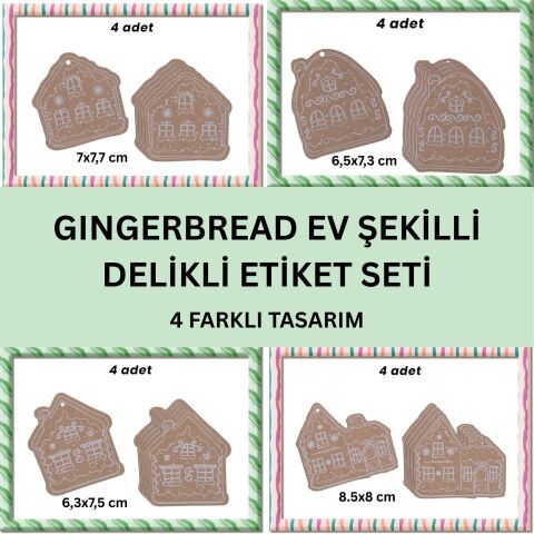 Yılbaşı, Gingerbread Ev Tasarımlı Hediye Etiket  Kraft Delikli Tebrik Kartı Seti