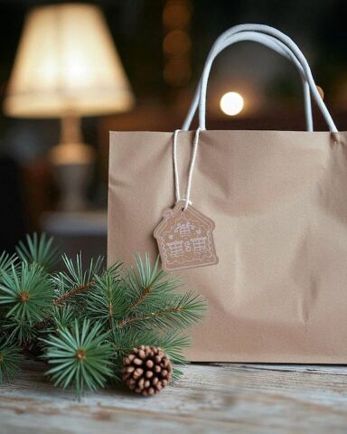 Yılbaşı, Gingerbread Ev Tasarımlı Hediye Etiket  Kraft Delikli Tebrik Kartı Seti