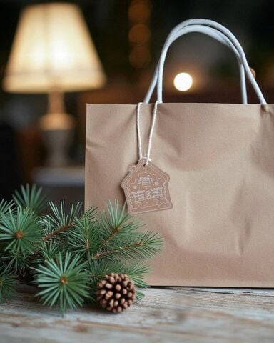 Yılbaşı, Gingerbread Ev Tasarımlı Hediye Etiket  Kraft Delikli Tebrik Kartı Seti