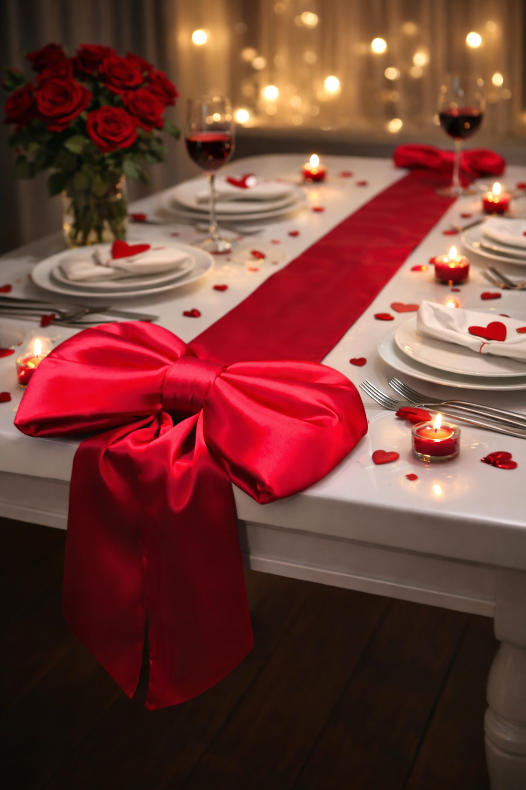 Saten Çift fiyonklu sevgililer günü masa dekorasyon runnerı