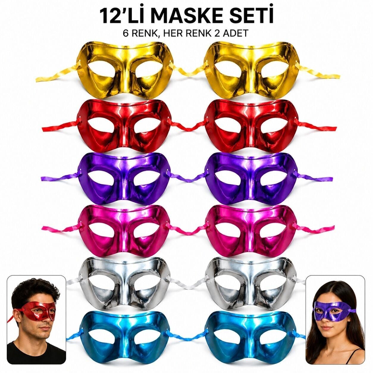 12 li Metalik Venedik Toptan Parti Maskesi Seti – 6 Renk Karışık