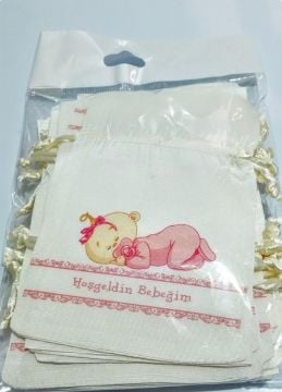 20 Adet Emzikli Uyuyan  (Hoş Geldin Bebeğim Yazılı) Bebek Figür Baskılı Kese