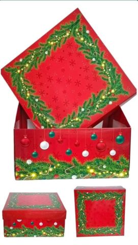 26x26x12 Cm Kırmızı Desenli Yılbaşı Hediye Karton Kutu / Paket