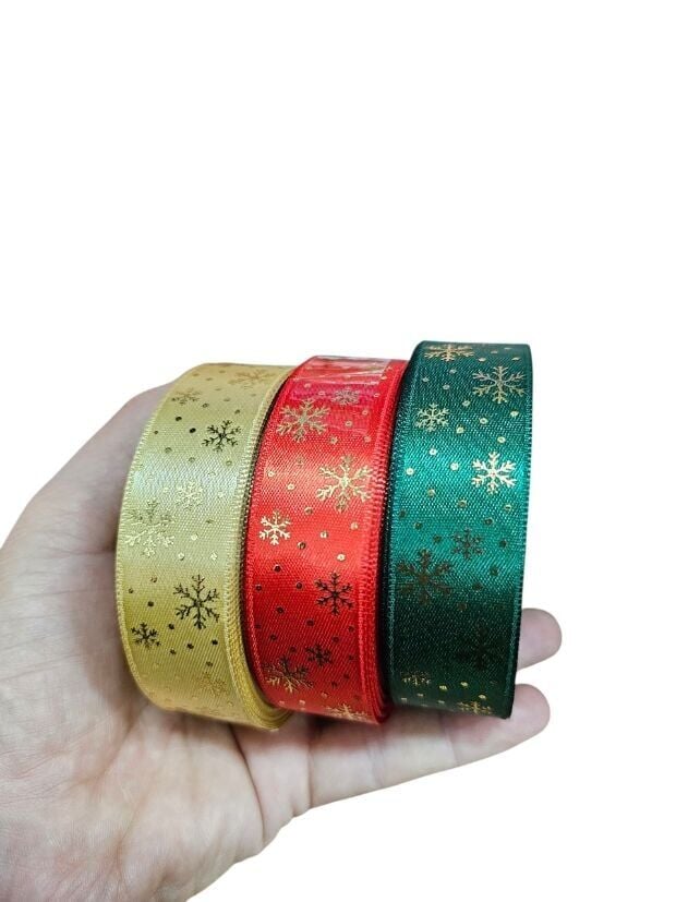 2,5 Cm (20 Mt.) Yılbaşı Kar Taneli Saten Kurdele