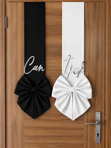 Slyah & beyaz çift taraflı gelin damat kapı süsü fiyonku
