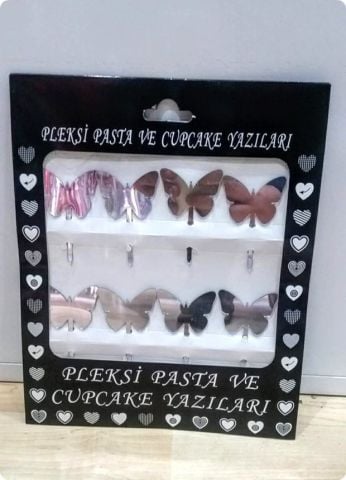 8 Li Kelebek Pleksi ayna cup cake, pasta süsü