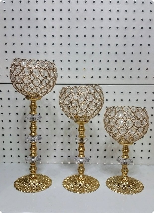 3 lü şamdan Metal yuvarlak tepelikli Taşlı
