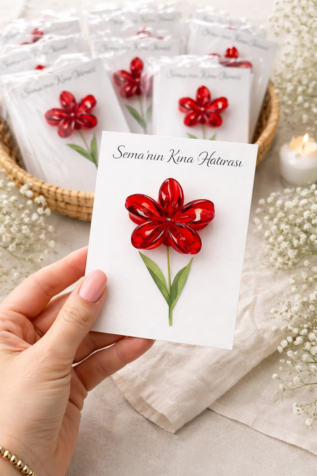 20 li İsme özel kartta lotus toka hediyelik